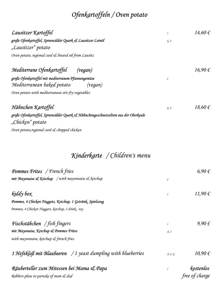 Ofenkartoffeln, Kinderkarte